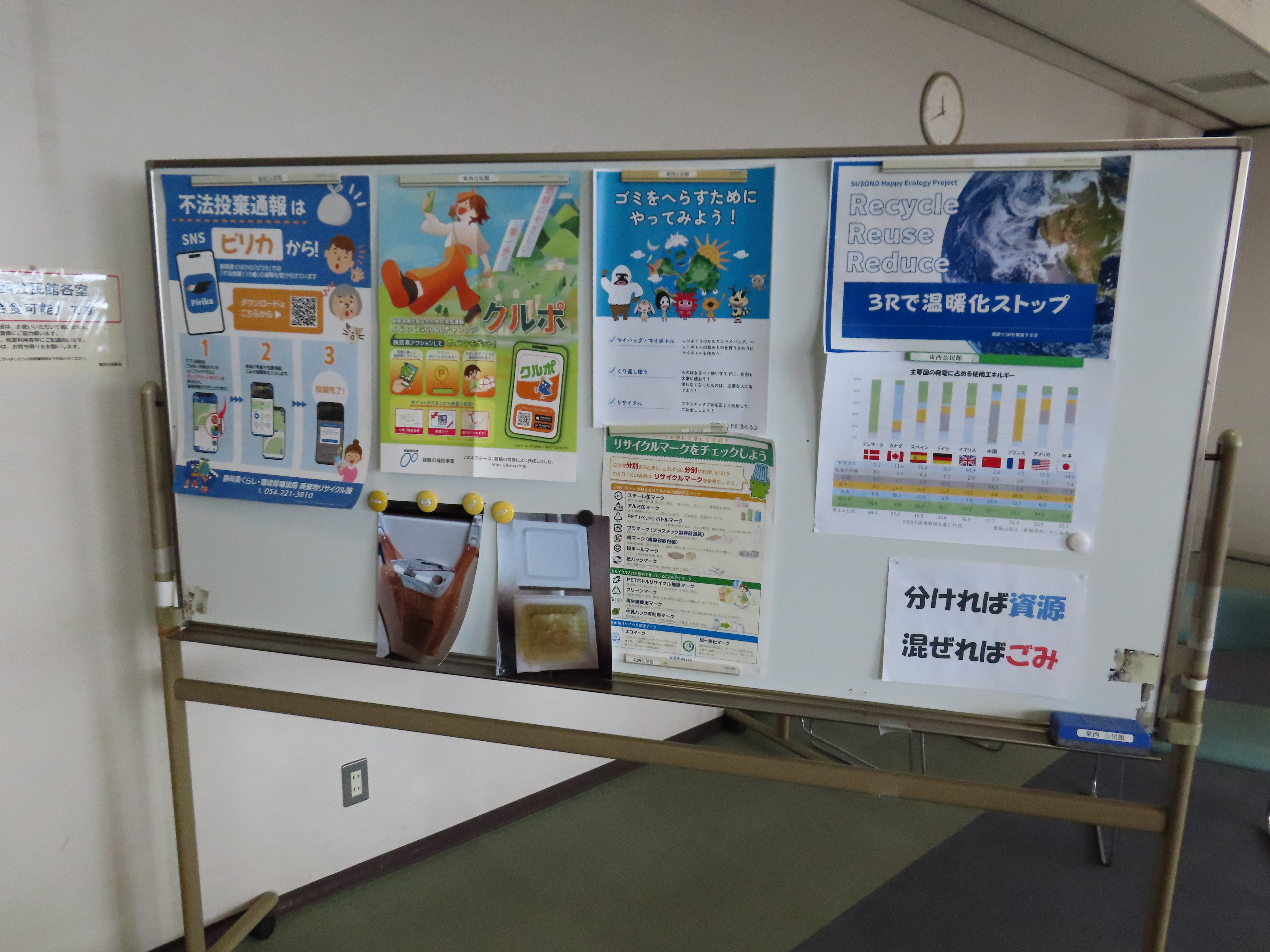 リサイクルや分別を呼びかける色とりどりのポスターや案内チラシが並ぶ掲示板の全景