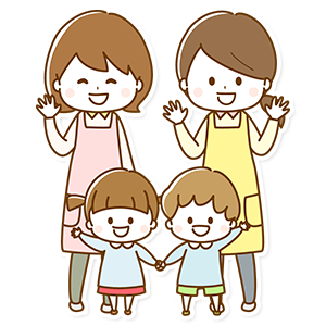 保母さん2人と子ども2人が手を振っているイラスト